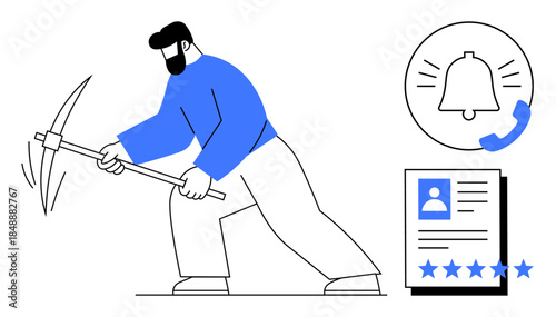 Man using pickaxe for data mining, notification bell icon with call alert, and user profile with star rating. Ideal for data mining, notifications, IT, cybersecurity, apps, reviews and technology
