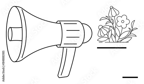 Effective speech, environmental awareness, communication support, activism design, marketing concepts, creative campaigns. Line art showing a megaphone and blooming flowers. Effective speech