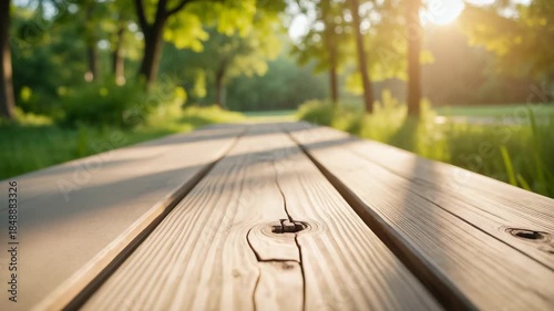 Wooden Park Bench Close-up – Textured Surface with Natural Sunlight and Bokeh Background for Relaxation and Nature Connection Videos