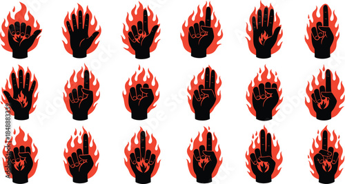 Set of twenty black hand gestures on fire icons, different positions and meanings