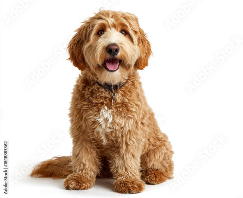 Happy and content golden brown dog with fluffy fur sits calmly, showcasing its playful personality and friendly demeanor. This adorable pet exudes warmth and joy