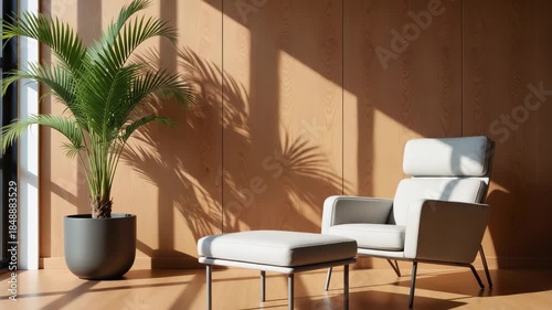 Modern Living Room Interior with Dynamic Shadow Play - Minimal Furniture and Palm Plant for Real Estate Videos, Interior Design Showcases, and Ambient Mood Content