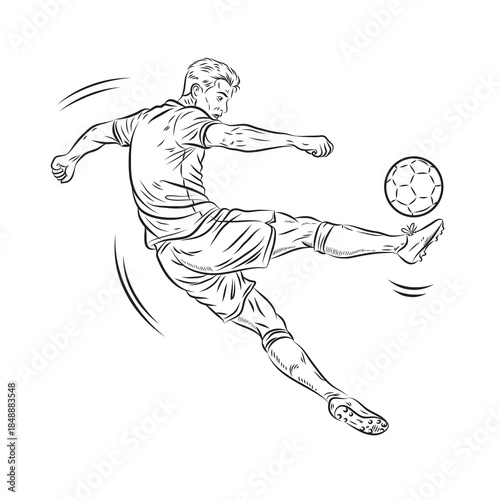 Football player outline vector illustration, Soccer player sketch drawing, man kicking football cartoon doodle drawing, soccer player clip art silhouette