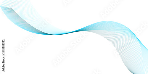 Abstract light blue flowing wave lines on transparent  background with elegant curvy motion, smooth ribbon curves creating depth, harmony, and a modern vector tech presentation design