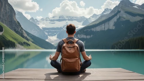 Mindful Traveler Meditating on Mountain Lake Pier – Peaceful Morning Scene with Backpack for Wellness, Travel Vlogs, and Mindfulness Content