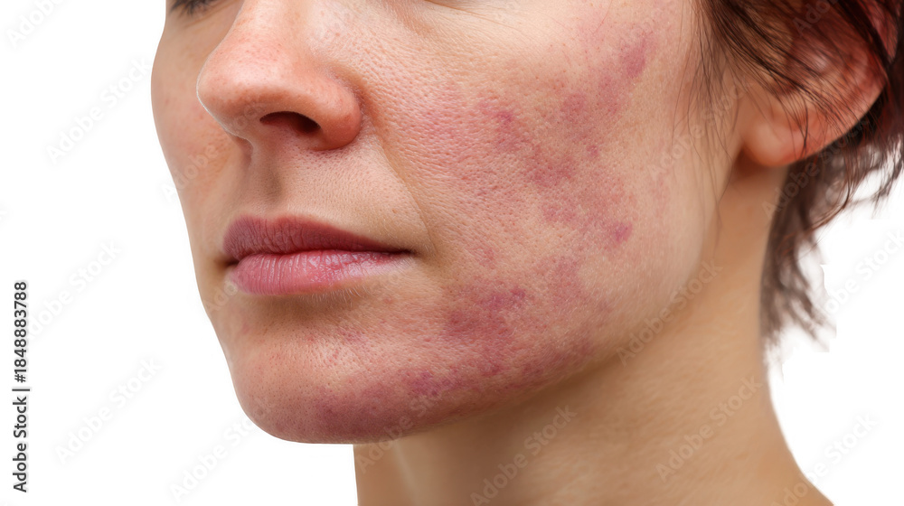 Obraz premium Close up of a woman's face with visible rash symptoms, potentially indicating a skin condition like lupus, isolated on a transparent background for easy integration into various projects