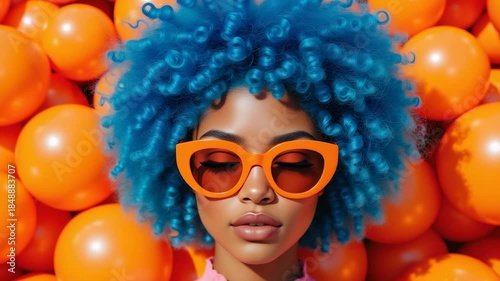 Trendy Fashion Portrait – Young Woman with Blue Hair and Orange Sunglasses for Beauty Blogs, Fashion Marketing, and Modern Lifestyle Content Videos