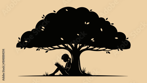 Serene silhouette of a person reading under a large peaceful tree in a minimalist art style