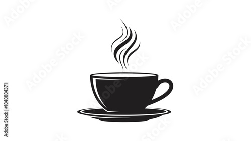Minimalist Black and White Illustration of a Steaming Coffee Cup with Saucer