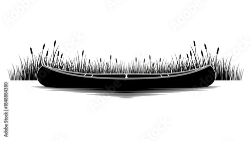 Silhouette of a canoe floating amidst tall grass in a minimalist black and white style for outdoor