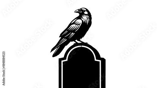 Stylized black and white illustration of a perched bird with detailed feather texture and elegant