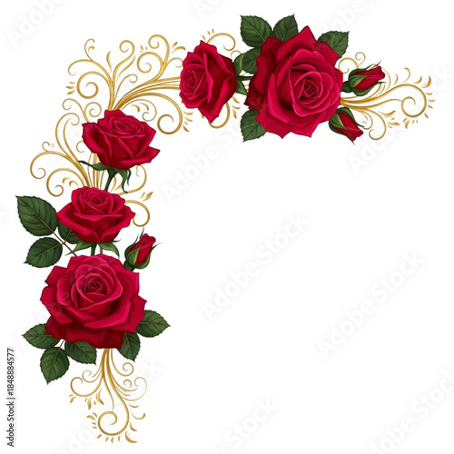 Luxurious Magenta Rose Flowers with Golden Swirling Vines and Ornate Flourish Leaves Corner Frame Vector Illustration - Elegant Romantic Floral Clipart for Wedding Invitations Design