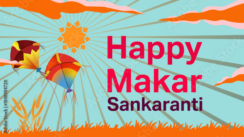 Happy Makar Sankranti Festival Greeting with Colorful Kites, Sun Rays and Harvest Theme Illustration