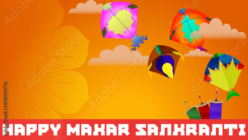 Happy Makar Sankranti Banner with Colorful Kites, Flying Reels and Festive Orange Sky Illustration
