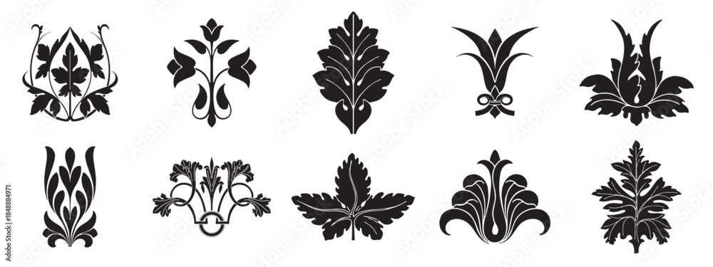 Fototapeta premium A set of leaf, nature, floral, decorative element. Plant symbols