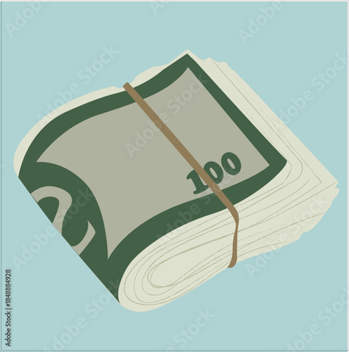 dollar folds. Wad of 100 dollar bills folded in half and tied with a rubber band. 
