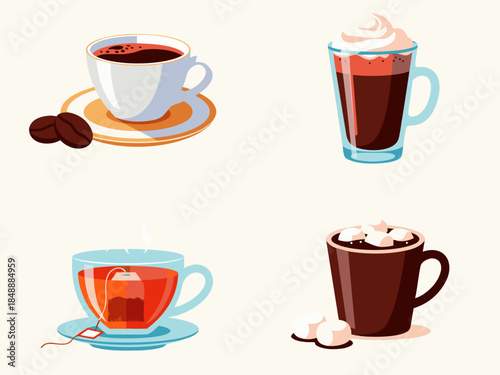 Various hot beverages in cups, including coffee, tea, and hot chocolate, perfect for a cozy day