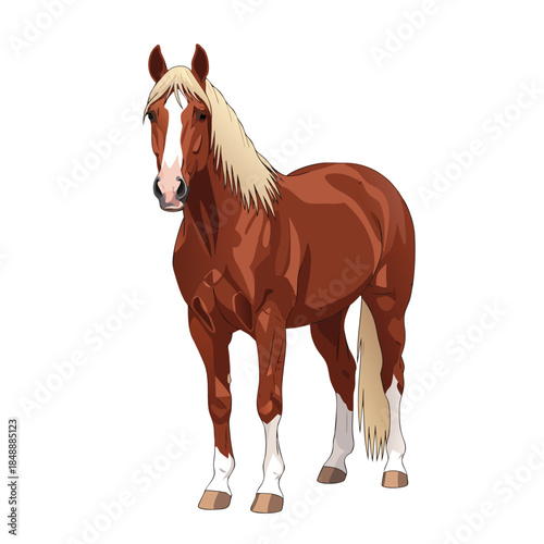 Illustration of a majestic chestnut horse with a blond mane and tail, standing proudly on a white background, rendered in a realistic style