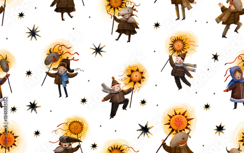 Vector christmas seamless pattern with carols. Carol Christmas vertep, magic background. Vertep Ukrainian winter holiday