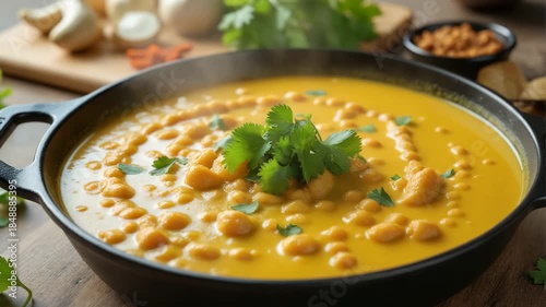 Steaming Curry Soup Video – Hot Golden Chickpea Stew with Fresh Herbs in Cast Iron Pan for Food Blogs, Restaurant Menus, and Cooking Tutorials