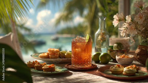 A refreshing cocktail served alongside delectable snacks on a table near the sea. The vibrant colors and tropical setting create an inviting atmosphere