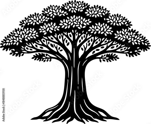 Black and White Stylized Mature Tree Silhouette Illustration