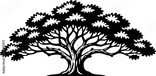 Stylized Black Vector Illustration of a Mature Broad Oak Tree Logo