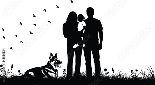 Happy family silhouette vector illustration, parents holding child with dog outdoors, nature landscape scene, love and togetherness concept, isolated black design