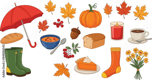 Cozy Autumn Season Illustration Featuring Fall Leaves, Pumpkin, Umbrella, Warm Food, Coffee, Candle, Boots, Socks, and Harvest Elements