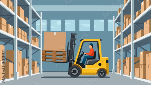 Warehouse worker operating forklift amidst shelved boxes in a large storage facility