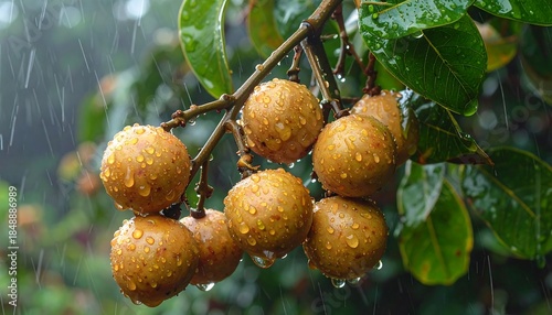Raindrops cling to ripe longan fruits hanging from a tree branch, lush green leaves in the background