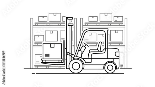 Forklift operating in a warehouse with shelving units and crates