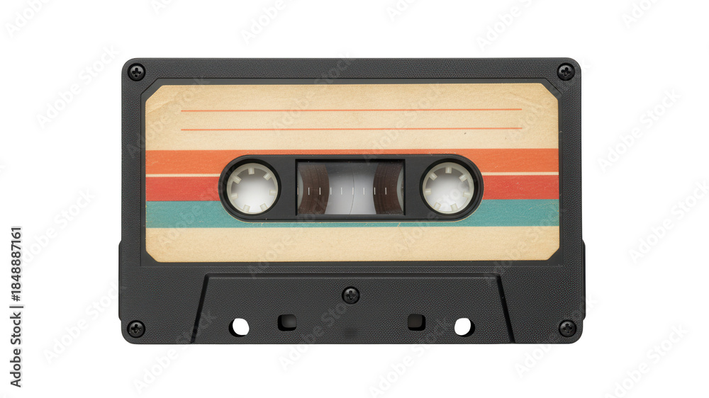 Fototapeta premium Retro Audio Cassette Tape with Striped Label Isolated on White Background