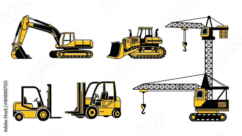Heavy machinery equipment on a construction site viewed from the side