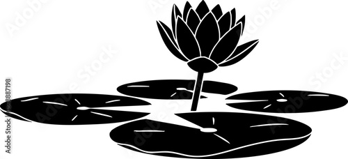 Stylized Black Lotus Flower and Lily Pads Vector Icon