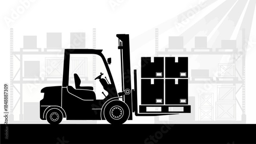 Forklift operator loading cargo pallet in warehouse storage facility
