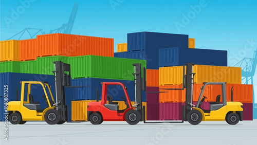 Three forklifts operating in a container yard with stacked shipping containers