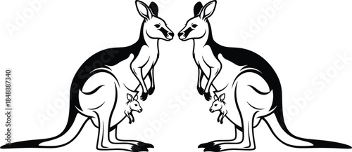 Kangaroo family silhouette vector illustration, mirrored adult marsupials with joeys, black and white wildlife design for nature themes, logos, and posters