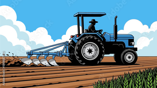 Tractor plowing field with farmer on a sunny day