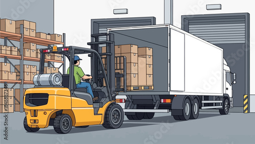 Warehouse worker operating forklift to load cargo into truck