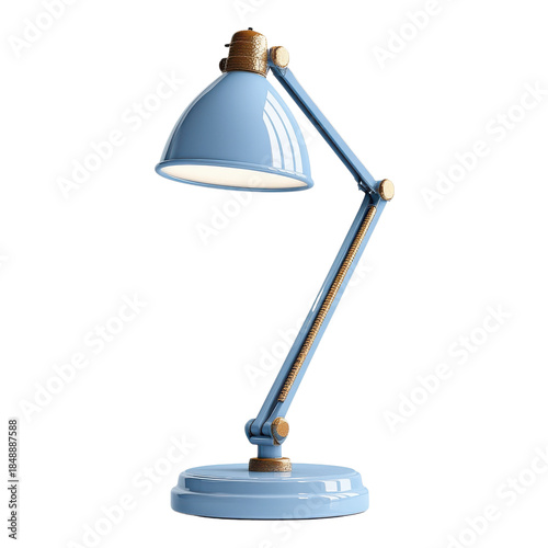 Blue desk lamp, adjustable arm, copper accents, modern lighting, office decor isolated on Transparent Background