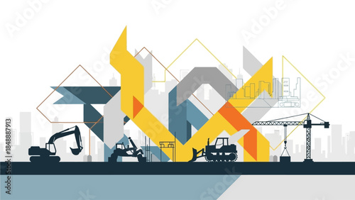 Construction site with heavy machinery and abstract geometric shapes in a cityscape