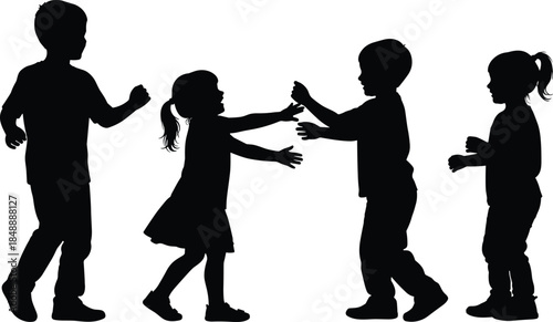 Children playing together silhouette illustration, childhood friendship and social interaction concept, happy kids bonding, playful moments, teamwork, communicatio