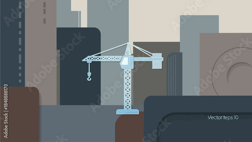 Crane operating in urban construction site with cityscape and buildings in background
