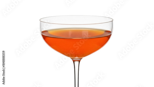 Elegant coupe glass with amber liquid isolated PNG, vintage cocktail glassware on transparent background for bar and restaurant design