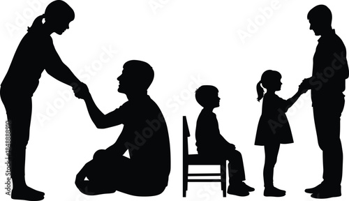 Family bonding silhouette illustration, parents guiding children with love and care, emotional connection, trust, support, parenting values, childhood development and nurturing relationship artwork