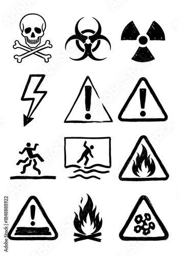 Hand Drawn Hazard and Warning Signs Doodle Set, including Biohazard, Radiation, Fire, and Electrical Danger Symbols