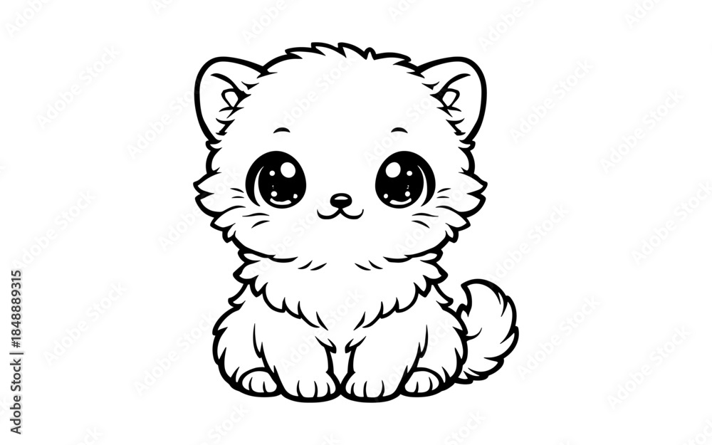Fototapeta premium Cute fluffy puppy with big eyes in black and white cartoon style