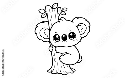 Cute kawaii koala hugging tree in black and white cartoon style