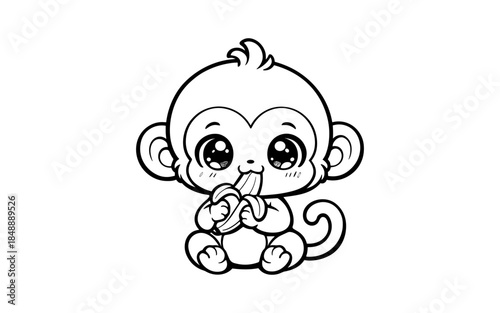 Adorable baby monkey eating banana in cute cartoon style